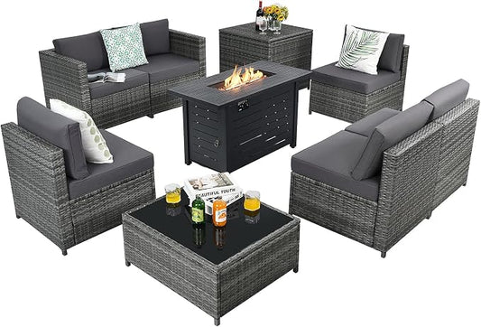 Tangkula 9 Pieces Patio Rattan Furniture Set, Patiojoy Sectional Sofa Set w/Fire Pit Table, Storage Box, Coffee Table, Outdoor Wicker Conversation Set w/ 42” Propane Fire Pit Table (Grey)