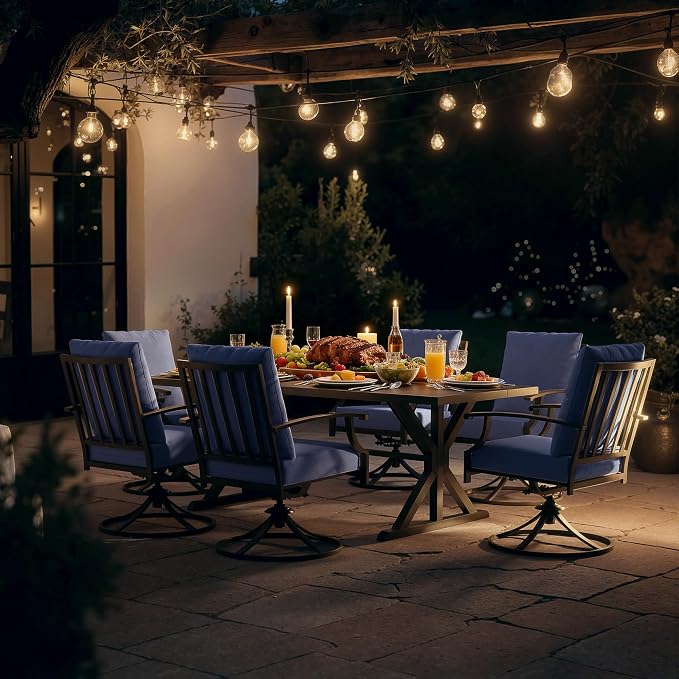 ALAULM 7-Piece Patio Dining Set,Outdoor Metal Dining Set with 6 Swivel Chairs & Rectangle Table with 1.5 Umbrella Hole, Patio Dining Table and Chairs for Backyard,Navy