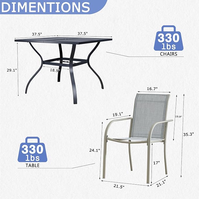 5 Piece Patio Dining Set for 4, 37.5” Black Square Table with Umbrella Hole and 4 Beige Blue Patio Stackable Chairs, Patio Table and Chairs for Backyard, Lawn, Deck & Garden