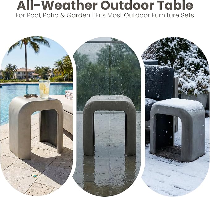 COSIEST Grey Outdoor Side Table, 17.7" Modern Concrete End Table with Arched Open for Patio, Small Outside Accent Table & Plant Stand for Garden, Porch, Deck, Balcony