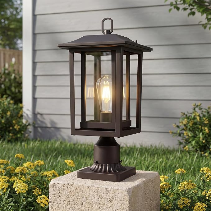 Beionxii Oil Rubbed Bronze Outdoor Post Lights 2 Pack, 19In Lamp Post Light Fixture for Outside with Pier Mount Base, Waterproof Aluminum Housing,ORB Column Mount Light(Hardwired 120V),BXA197-P-2P-ORB