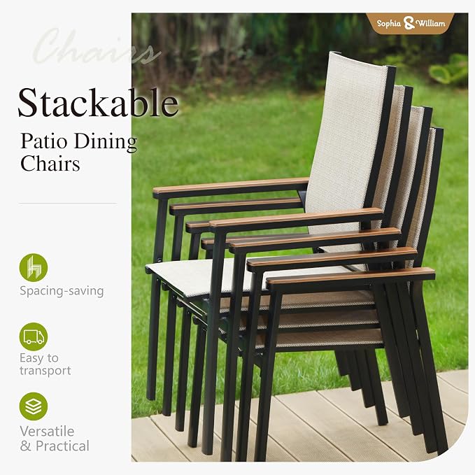 Sophia & William Patio Dining Set for 8, Metal Table & Aluminum Chairs | Rectangle table, Beige Stackable Chairs, Breathable & quick-drying, Light-weight & space-saving, Umbrella Hole, Outdoor