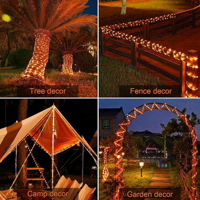 JMEXSUSS 66 ft 200 LED Orange Halloween Solar Rope Lights with 8 Modes | Rope Lights Outdoor Waterproof, Orange Christmas String Lights for Halloween Thanksgiving Fall Party Tree Fence Christmas
