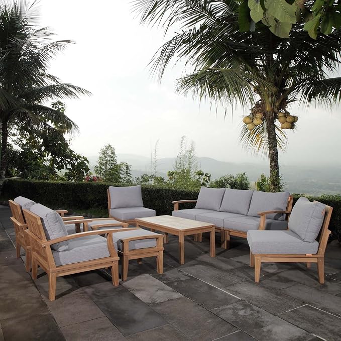 Modway EEI-1480-NAT-GRY-SET Marina Premium Grade A Teak Wood Outdoor Patio Furniture Set, 10 Piece, Natural Gray