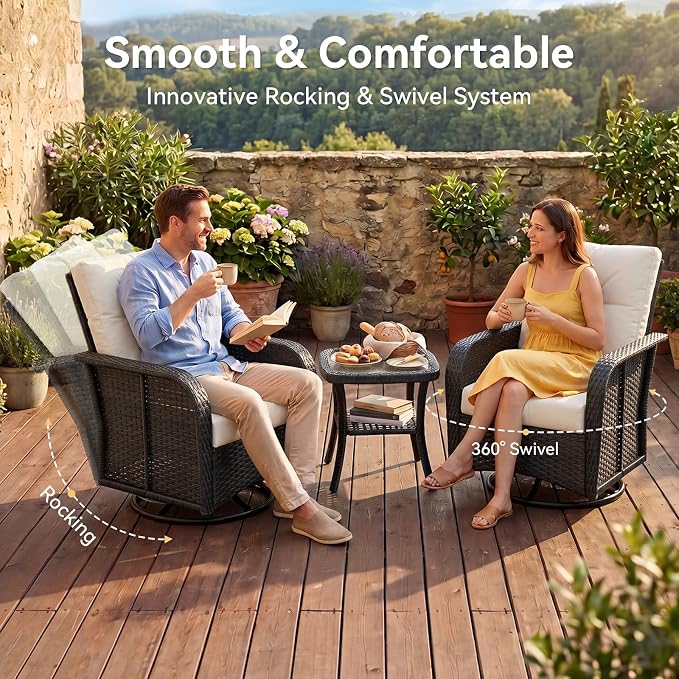 Aoxun 9-Piece Patio Furniture Set with 44” Fire Pit Table, Wicker Outdoor Sectional Sofa with High Back Swivel Rocker Chairs, Outdoor Patio Furniture Set with Thick Cushions & Ottoman, Beige