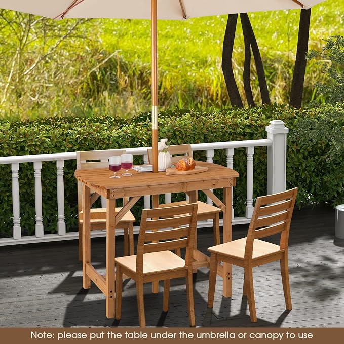 Giantex Patio Dining Table, Outdoor Solid Wood Table for 4 or 6 Persons, with 1.5” Umbrella Hole, Indoor Outside Table for Lawn, Backyard, Garden