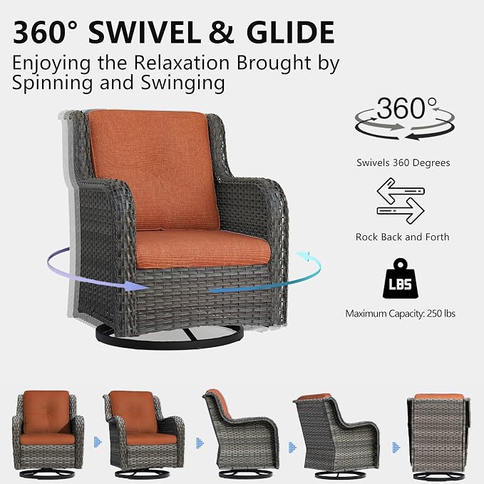 Outdoor Swivel Rocker Patio Chairs Set of 2 - Outdoor Wicker Swivel Glider Chairs 2 Pieces with Olefin Fabric Cushions Suitable for Backyard Deck and Porch(Mixed Grey/Orange)