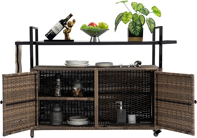 Outdoor Kitchen Island Wicker Rattan Bar Table, Glass Top Patio Serving Cart Rolling Bar Cart with 2-Tier Shelf & Cabinet for Patio Poolside Party (Light Brown)