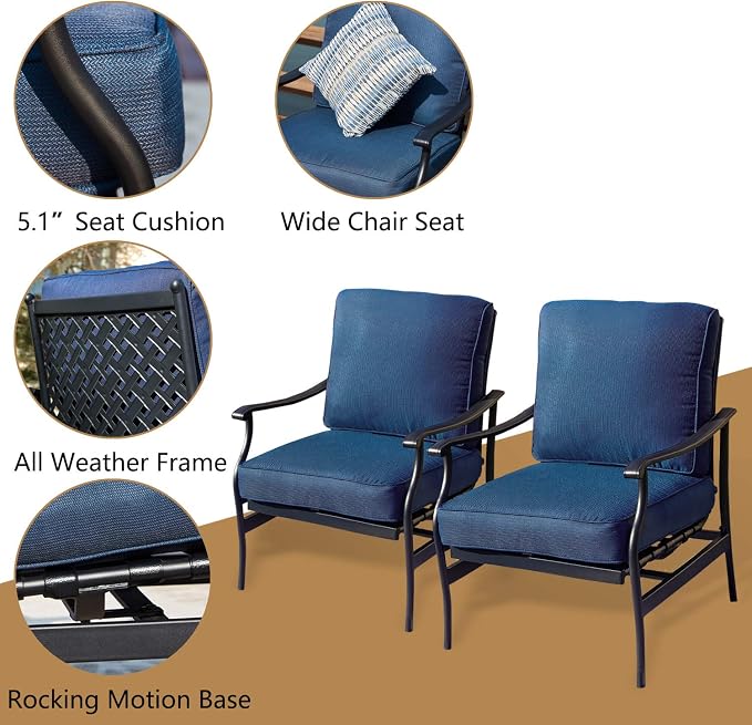 Outdoor Furniture Patio Conversation Set CSA Certification 50,000 BTU 33.9 Inch Propane Fire Pit Table Sets with Rocking Chairs (5 Pcs,Blue)