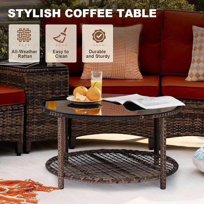 MEISSALIVVE 9-Piece Half-Moon Curved Outdoor Patio Furniture Set, Sectional Conversation Sofa with 2 Swivel Glider Chairs, Coffee & Side Tables for Backyard Deck Garden, Red