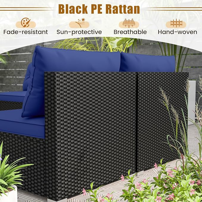 5 Pieces Patio Furniture Set, Outdoor Sectional Sofa with Acacia Wood Coffee Table & Cushions, Wicker Patio Conversation Set for Porch, Deck, Balcony, Poolside & Backyard (Navy Blue)