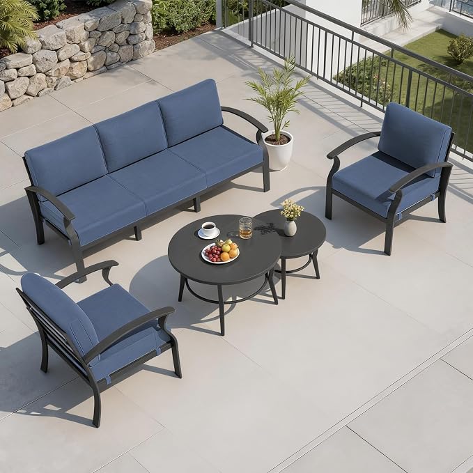 Aluminum Outdoor Patio Furniture Set,5 Seats Patio Conversation Sets with 2 Round Coffee Tables,Metal Patio Sectional Furniture Set with 5.1" Thickened Cushions,Navy Blue