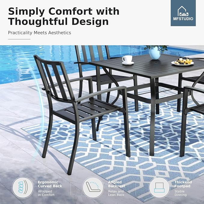 MFSTUDIO Patio Table and Chairs Set, Outdoor Dining Set for 6 with Umbrella Hole, 7 Piece Metal Outdoor Patio Furniture Set for Deck, Backyard, Poolside & Garden