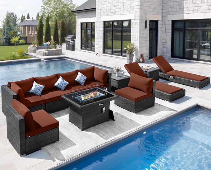 NICESOUL 11-Piece Patio Furniture with Chaise Lounge, Modern Wicker Outdoor Sectional with Fire Pit, Comfortable 29.3'' High-Back Conversation Seating, Heavy Duty All-Weather Couch Set, Grey & Red