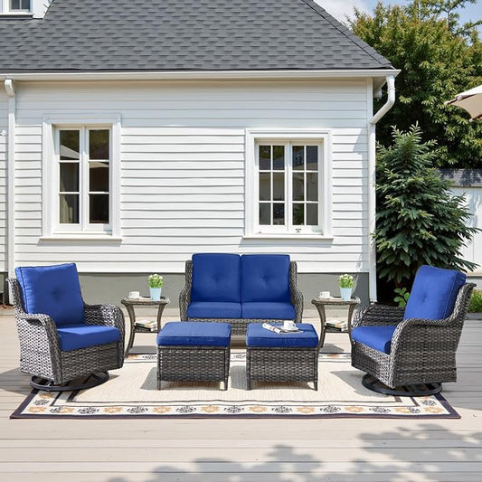 Belord 7 Piece Wicker Patio Furniture Set, Outdoor Swivel Rocker Chairs Set of 2 with Ottomans and Loveseat, All Weather Patio Conversation Furniture Set, for Pool,Yard,SunroomGray Wicker/Blue