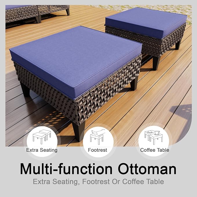 14-Piece Outdoor Patio Furniture Set, Wicker Conversation Set with Armchairs and Ottomans, Rattan Sectional Modular Sofa Couches for Porch, Poolside, Deck, Balcony, Backyard, Yard (Blue Cushions)
