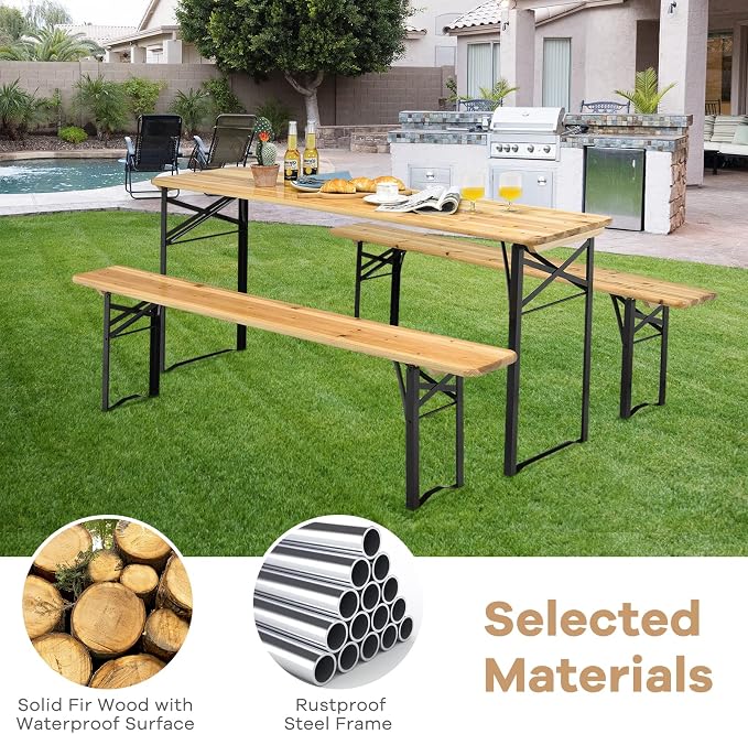 Goplus Foldable Picnic Table with Benches, 3-Piece 70” Portable Beer Garden Table with Sturdy Steel Frame, Folding Wooden Picnic Tables for Outdoors, Patio, Backyard