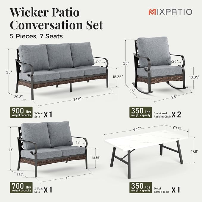MIXPATIO Patio Furniture Set with Coffee Table, Outdoor Conversation Set with 2 x Rocking Chairs, 1 x 2-Seat Sofa, 1 x 3-Seat Sofa for Lawn Garden Backyard, Grey