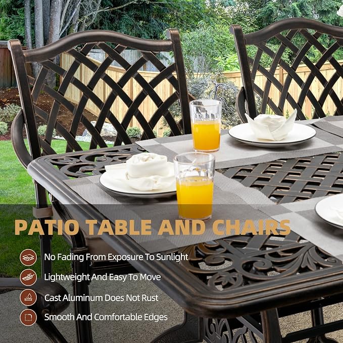 7-Piece Cast Aluminum Outdoor Table and Chairs, Antique Bronze Patio Dining Sets Include 60" Large Patio Dining Table and 6 Chairs with Removable Cushion