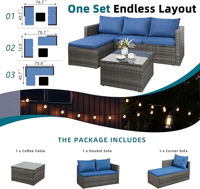 SUNLEI 4-Piece Patio Furniture Set with 43" Propane Fire Pit Table, Outdoor Wicker Sectional Sofa Set, All-Weather Conversation Set for Backyard, Poolside, Garden, Blue Cushions