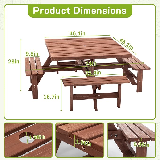 6-8 Person Square Picnic Table with Umbrella Hole Waterproof & Sturdy Cross StructureOutdoor Camping Wooden Dining Tables Set for Backyard Garden Camping Easy Clean,46.1",Brown