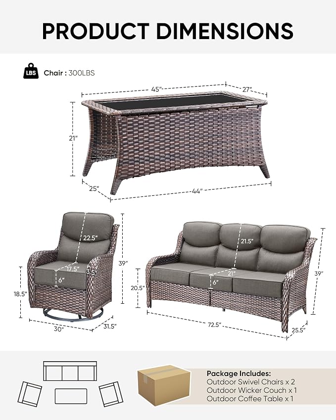HUMMUH 6 inch Thick Cushion Wicker Patio Furniture Set with Outdoor Swivel Rocker Patio Chairs,High Back Outdoor Couch and Coffee Table for Porch Garden Deck