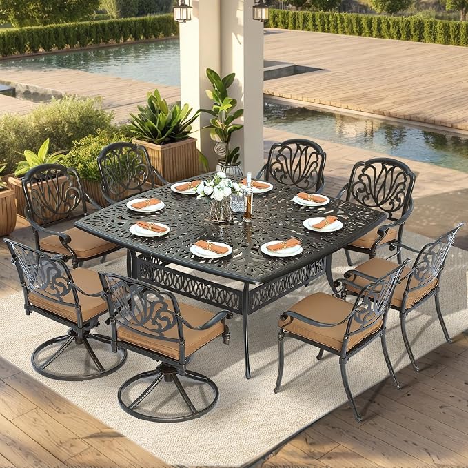 VIVIJASON 9-Piece Outdoor Furniture Dining Set, Cast Aluminum Patio Table and Chairs Set with 6 Stationary Chairs, 2 Swivel Rocker Chairs, 64" Large Square Dining Table, Umbrella Hole, Khaki