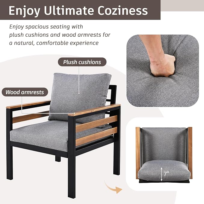 4-Piece Patio Set, Outdoor Furniture Sofa Set for 5 People with Acacia Wood Armrests, Conversation Set with Solid Wood Coffee Table, 2 Single Chairs, 3-Seater Sofa for Garden and Backyard (Gray/453)
