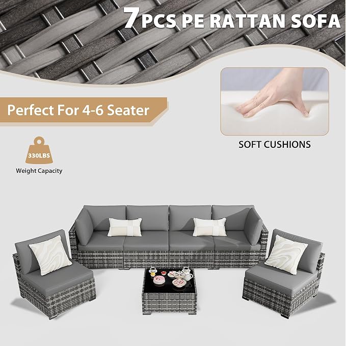 KIGOTY Patio Furniture Set,7 Pieces Modular Outdoor Sectional Sofa, PE Rattan Patio Conversation Set, All Weather Wicker Patio Furniture with Cushions and Coffee Table（Light Grey/Light Grey）