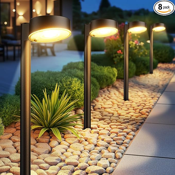 Ahaorigin 8 Pack Solar Pathway Lights Outdoor, 12 Brighter LEDs Solar Lights Outdoor Waterproof, Up to 12 Hrs Modern Path Light for Yard Garden Walkway Driveway Lawn, Warm White