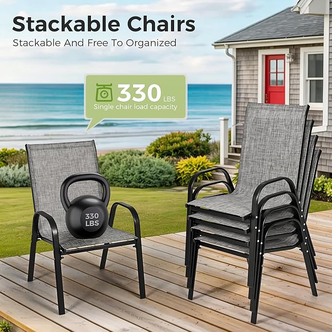 7-Piece Outdoor Dining Set, All Weather Patio Table and Chairs Set with Umbrella Hole for 6, Rectangular Steel Slat Table and 6 Textilene Chairs for Garden, Backyard, Poolside and Deck, Grey