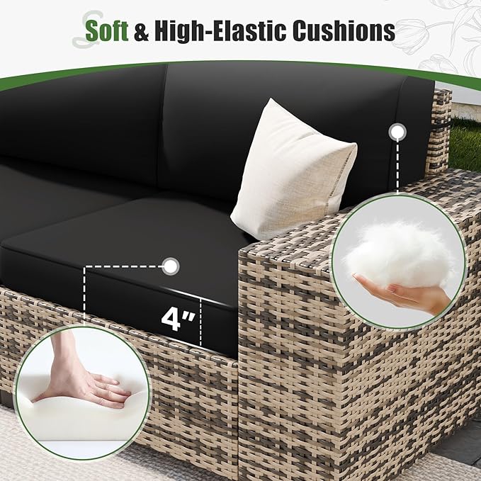 Amopatio 7 Piece Patio Furniture Set with 8" Armrest & 44" Fire Pit Table, Outdoor Wicker Rattan Sectional Sofa Conversation Set for Backyard, Garden, Poolside(Black Cushion)