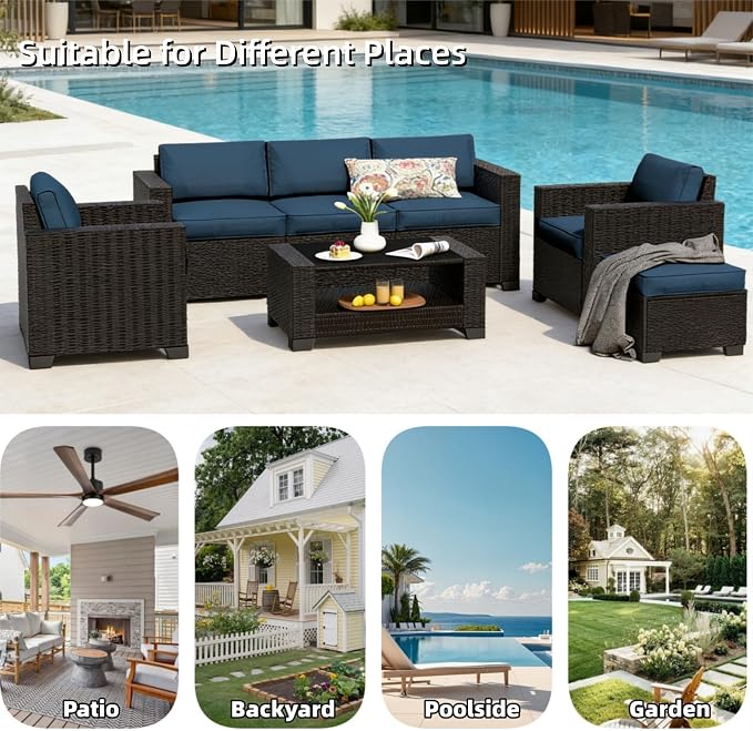 SHGJ&SOFT 7 Piece Outdoor Patio Furniture Set, Wicker Outdoor Sectional Sofa with Washable Cushion Covers and Tempered Glass Table, Rattan Conversation Set for Poolside,Balcony, Porch, Garden