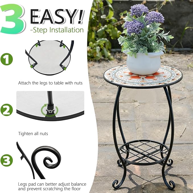 Arbuxzuy 12 Inch Small Outdoor Side Table with Colorful Flowers, Glass Mosaic Patio Table Indoor, Round Plant Coffee Table for Living Room, Balcony, Garden（Pink Flowers Style）