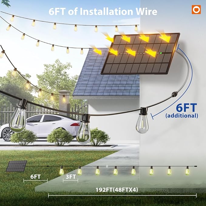 addlon 198FT(192FT+6) Solar String Lights Outdoor, Waterproof, Last 20+ Hrs | 68 Shatterproof LED Bulbs, USB Charging, Dimmable, Timer Remote, Easy Install for Garden, Backyard, Pergola and Party