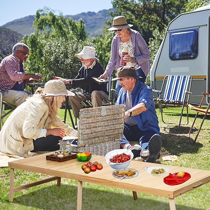 Foldable Boho Wooden Picnic Table, No Assembly Required Portable Outdoor Indoor Low Picnic Table for Floor Seating, Beach, Camping, BBQ, Backyard, 80" x 30", Seats 8–10 People