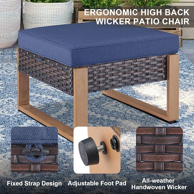 Belord 5 Piece Outdoor Wicker Patio Conversation Furniture Set Deep Seating, Metal Wide Armrests Patio Sofa Set with Rattan Chairs Ottomans for Porch Deck Sunroom Backyard
