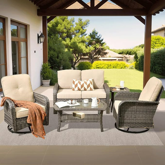 ovios 5-Piece Patio Furniture Set, Outdoor Wicker Sofa with Swivel Chairs Coffee Table, High Back Rattan Couch Loveseat with Comfy Cushions for Porch Yard Deck, Beige