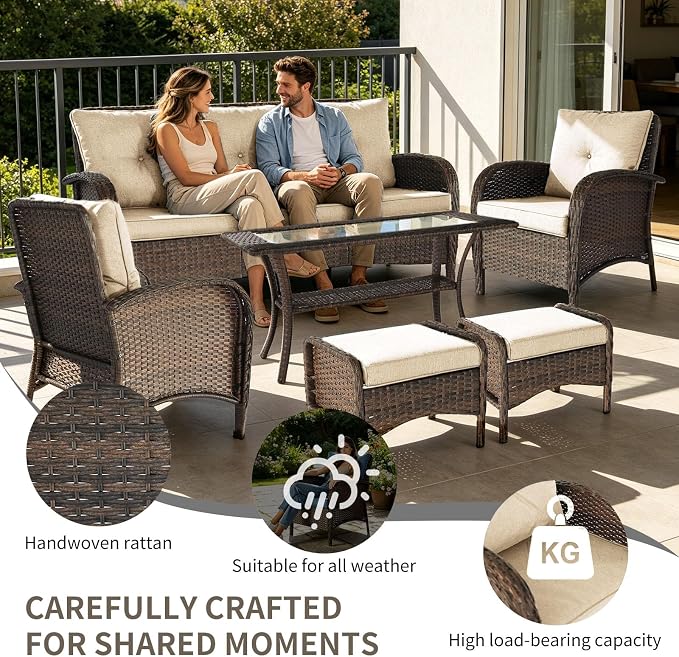 Outdoor Swivel Rocker Patio Chairs (Brown Wicker/Khaki Cushion, 6PC/Sofa & Chair &Coffee Table & Ottomans)