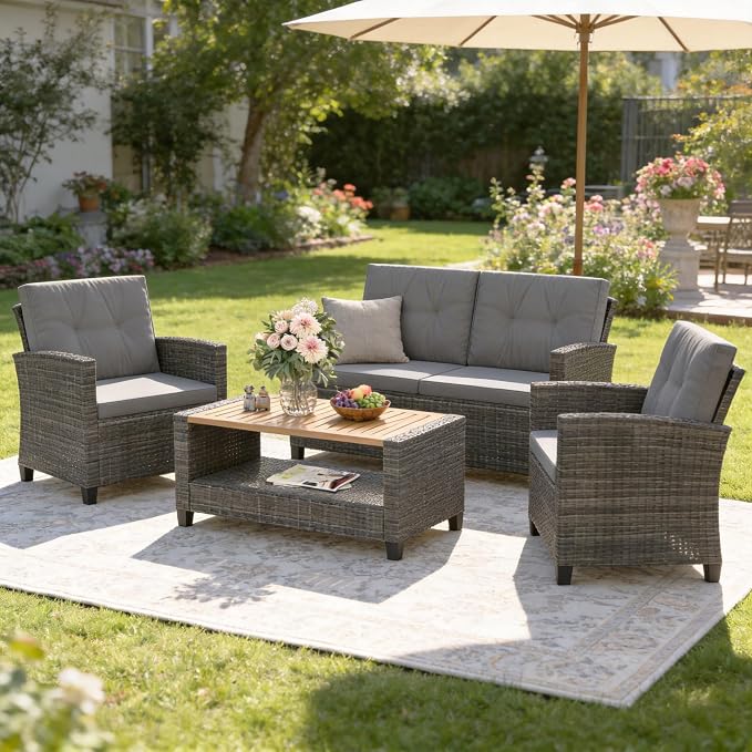 Wisteria Lane 4 Piece Patio Furniture Set, Wicker Outdoor Patio Conversation Furniture Set, All Weather Outdoor Patio Sofa with Cushion and Wood Table, Grey Wood