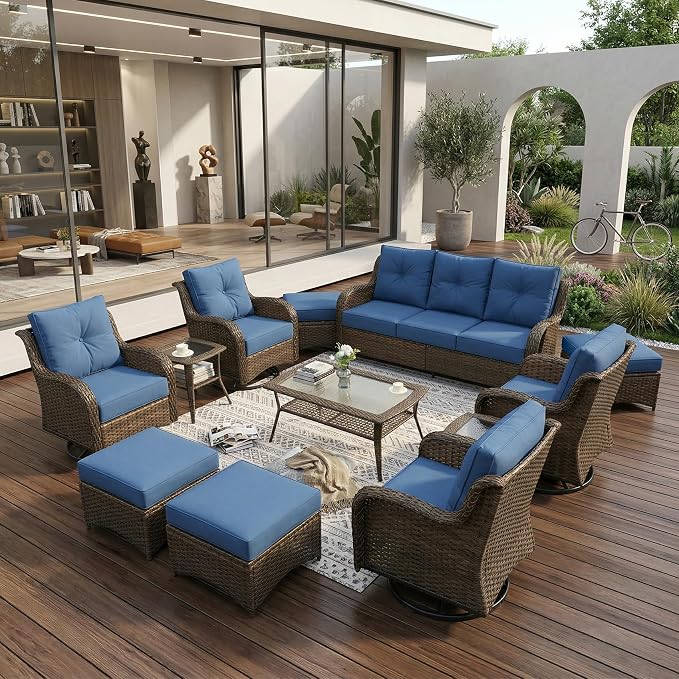 Luxury Patio Conversation Set, 12-Piece Ergonomic High Back Wicker Sofa&Swivel Chair Set with 6-Inch Deep Seating Cushions, Large Patio Furniture Set for Garden, Deck & Balcony, Navy Blue