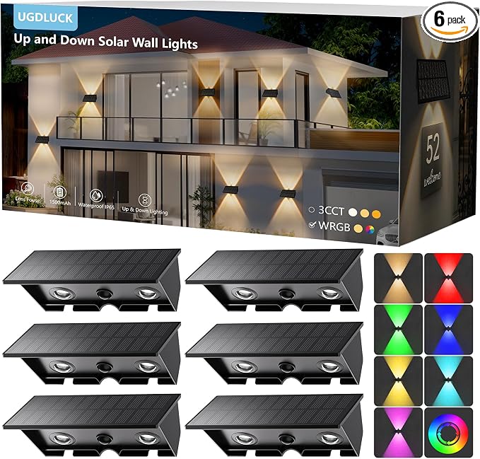 6PACK Solar Wall Lights Outdoor ,8 Lighting Modes Up and Down Solar Sconce Lights Dusk to Dawn Lighting IP65 Waterproof Solar Lights Outdoor for House Exterior Front Porch Garage Fence Patio Yard