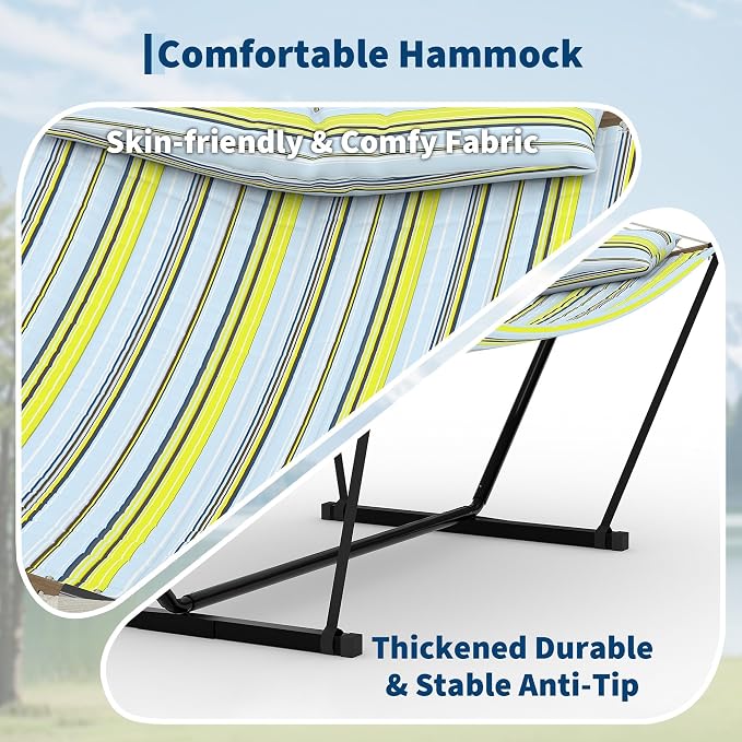 GarveeHome Portable 2 Person Double Hammock with Sturdy Heavy-Duty Steel Stand – 450LBS Max Load, Quick & Effortless Assembly, Perfect for Indoor Living, Yard, Patio & Camping Trips