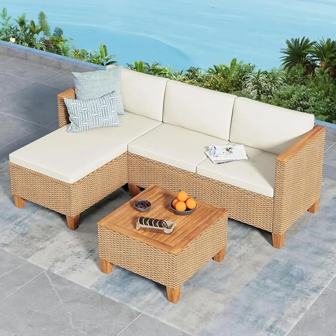 3 Piece Wicker Outdoor Patio Conversation Set Small Patio Furniture Set Outside L-Shaped Sectional Sofa Couch
