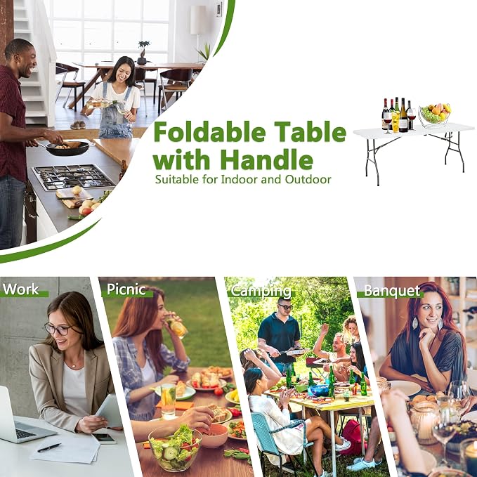6ft Folding Table Portable Plastic Outdoor Table,Camping Multipurpose Rectangle Fold Up with Handle,Lock for Picnic, Party, Dining, Camping, Beach, BBQ, No Assembly