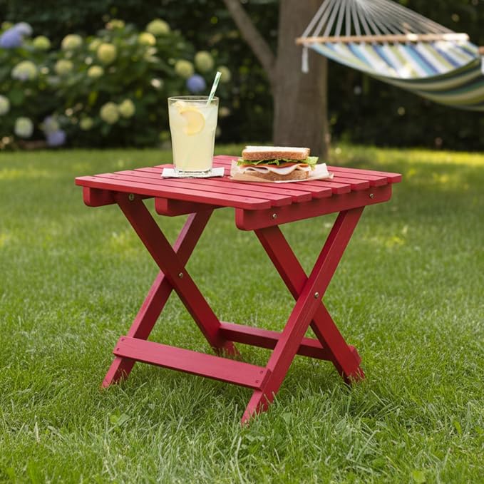 Shine Company Square Wooden Folding Solid Wood Side Table, Outdoor Adirondack Small Patio Table, Chili Red