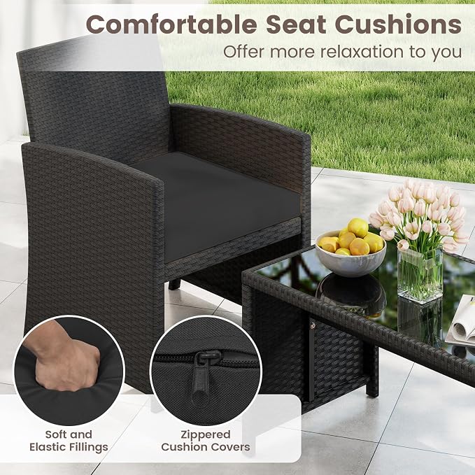 HAPPYGRILL 4 Piece Rattan Wicker Patio Conversation Set, Outdoor Furniture with Chair Loveseat Table & Cushion, for Backyard Porch Balcony (1, Black & Black)