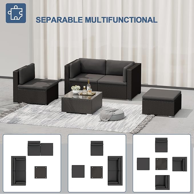 Oakcloud 5-Piece Outdoor Patio Furniture Sofa Set Black Rattan Wicker Sectional Conversation Sets with Glass Top Table and Cushions(Grey)