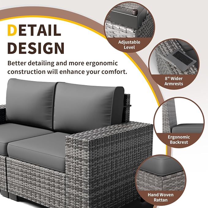 Outdoor Patio Furniture Set, Wide Outdoor Sectional Rattan Sofa Set, Wicker Patio Conversation Set with Cover for Deck, Poolside, Porch, 8 PCS (Grey & Grey)