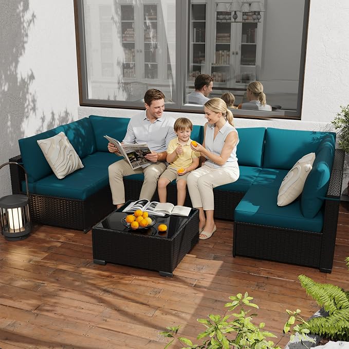 KIGOTY 7-Piece Patio Furniture Set, All-Weather PE Rattan Outdoor Sectional Sofa, Modular Wicker Conversation Set with Thick Cushions & Easy-Clean Coffee Table（Black/Blue）